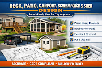 design deck, patio,carport, screen porch and shed for house plan for city permit