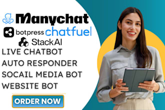 setup live chatbot, manychat, botpress, chatfuel, zapier integration, stack ai