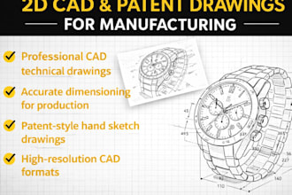 do 2d cad technical drawing, hand sketch patent drawings for manufacturing