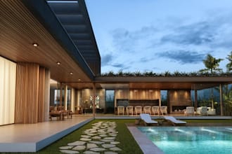 design luxury backyard,courtyard house,poolside lounge,outdoor kitchen bar,patio