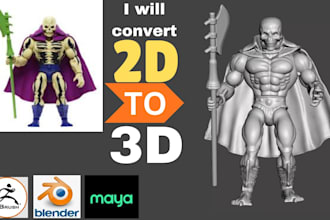 convert 2d sketch action figure character image into 3d printable file for print