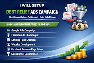 setup debt relief ads campaign debt consolidation settlement debt relief funnel