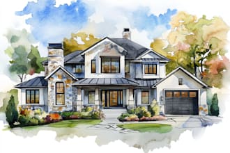 handmade watercolor painting of house, building