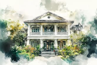 create a watercolor house portrait or buildings