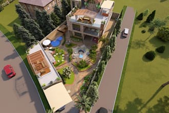 establish 3d luxurious villa,rooftop terrace,outdoor living,mountain view render