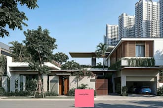 build3d urban housing,tropical landscape,lush greenery,duplex render,garden area