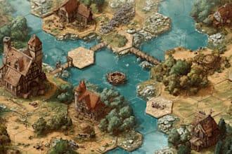 design printable 2d board game map, fantasy battlemap, hex or isometric map art