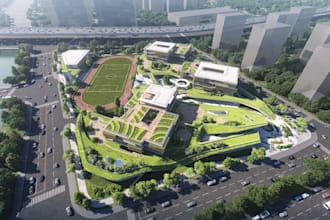 render modern complete school building, site plan landscape design,3d sport area