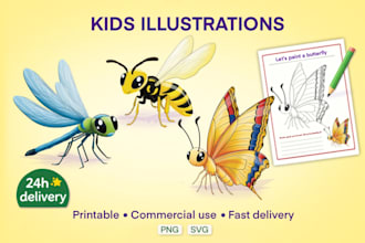 draw cute children illustrations for educational worksheets and learning