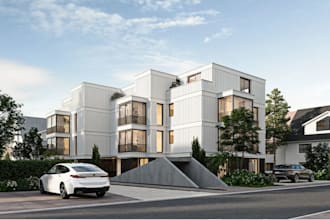 create realistic rendering of house, cgi apartment building,exterior render, dwg
