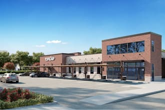 upgrade 3d carwash rendering, automotive wash bay, cgi exterior, parking lot