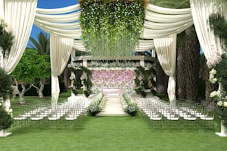 setup 3d wedding event exterior,concert venues design, outdoor stage render,hall
