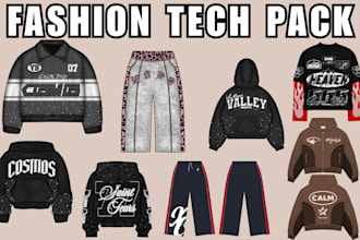 create clothing fashion tech pack sweatpant hoodie tracksuit mockup techpack
