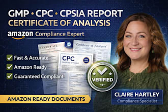 prepare gmp compliance, CPC, cpsia report and certificate of analysis for amazon
