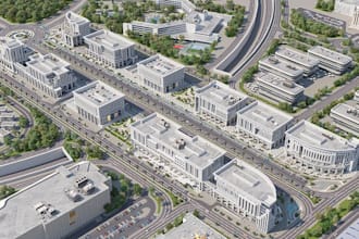 develop 3d industrial zone, render urban landscape, factory 3d model, warehouse