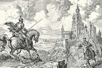 create medieval vintage line art illustration in engraving