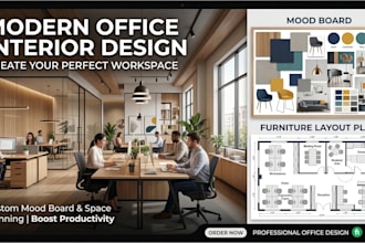 create modern office interior design with moodboard and furniture layout