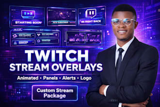 design animated twitch stream overlay, twitch logo, panels, screens, alerts