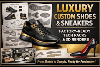 design luxury custom shoes, sneakers with factory ready tech pack and 3d renders