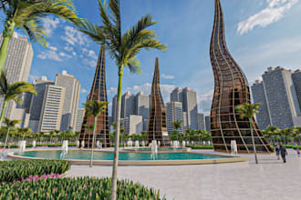 visualize 3d urban development,building exterior,public garden design,cityscapes