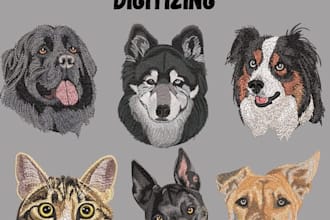 do expert custom pet embroidery digitizing for dog cat faces and full body