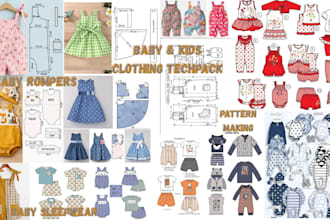 create kids and baby clothing tech pack, digital sewing pattern, pattern making