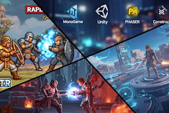 build 2d, 3d unity video game, phaser, construct, monogame, 2d fighting rpg game