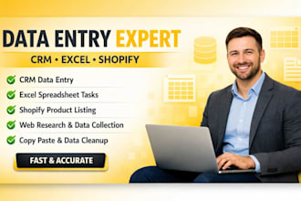 do CRM data entry, excel data cleanup, shopify product listing and web research