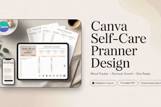 design canva selfcare planner, mood tracker, and personal growth digital planner