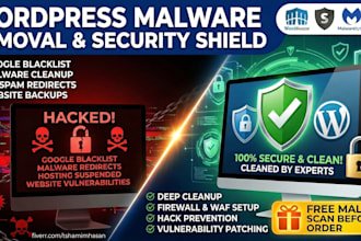 clean wordpress malware, fix redirect issues, remove blacklist, set up security