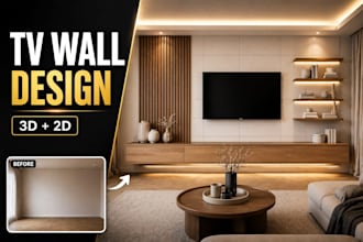 design modern 3d TV wall units with wood slats rendering