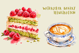 do watercolor bakery and pastry illustrations for menus