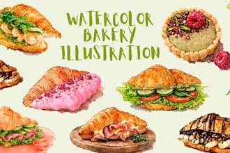 create watercolor bakery and dessert illustrations for menus