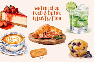 do watercolor food and drink illustrations for menus