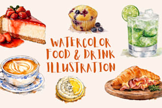 create watercolor food and drink illustrations for menus