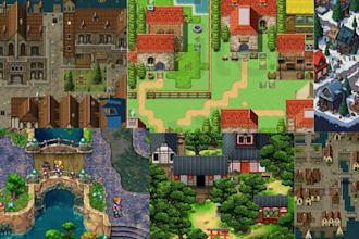 do pixel art tileset, topdown, tilemap, rpg, game map art, animated spritesheet