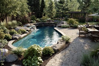 do realistic landscape, backyard, garden, pool, patio design