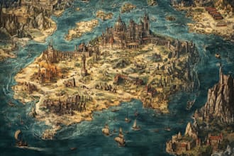 hand draw a fantasy map with digital water coloure