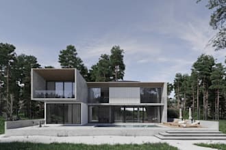 render vacation rental house, cozy cabin interior design, 3d lakeside residence