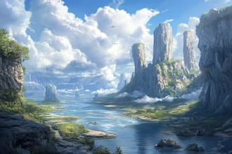 create a fantasy landscape, background illustration