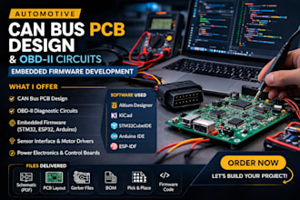 design automotive can bus pcb, obd ii circuits and embedded firmware