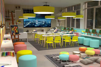 design modern kid classroom,collaborative space,vibrant interior,student center