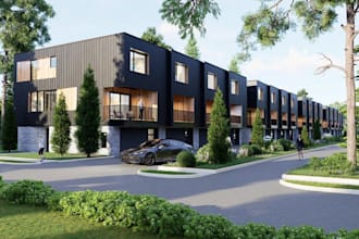 3d urban living area,modern townhouse development, real estate housing rendering
