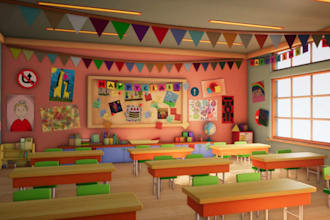 design 3d digital illustration,rendered preschool layout, kindergarten classroom