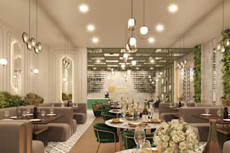 do restaurant interior design with 3d renders and layouts