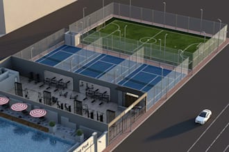 visualize hospitality building, tennis court design, food court space rendering