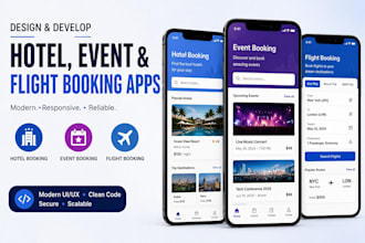 develop hotel booking app, event booking app, flight booking app development