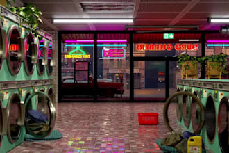 do 3d laundromat, laundry facility, wash house, launderette facility layout