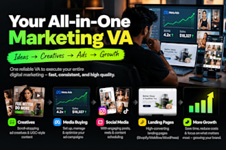 marketing VA for creatives, media buying, social media posts, landing pages