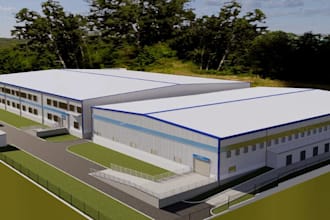 3d cgi site plan,industrial complex exterior,warehouse space layout,walkthrough